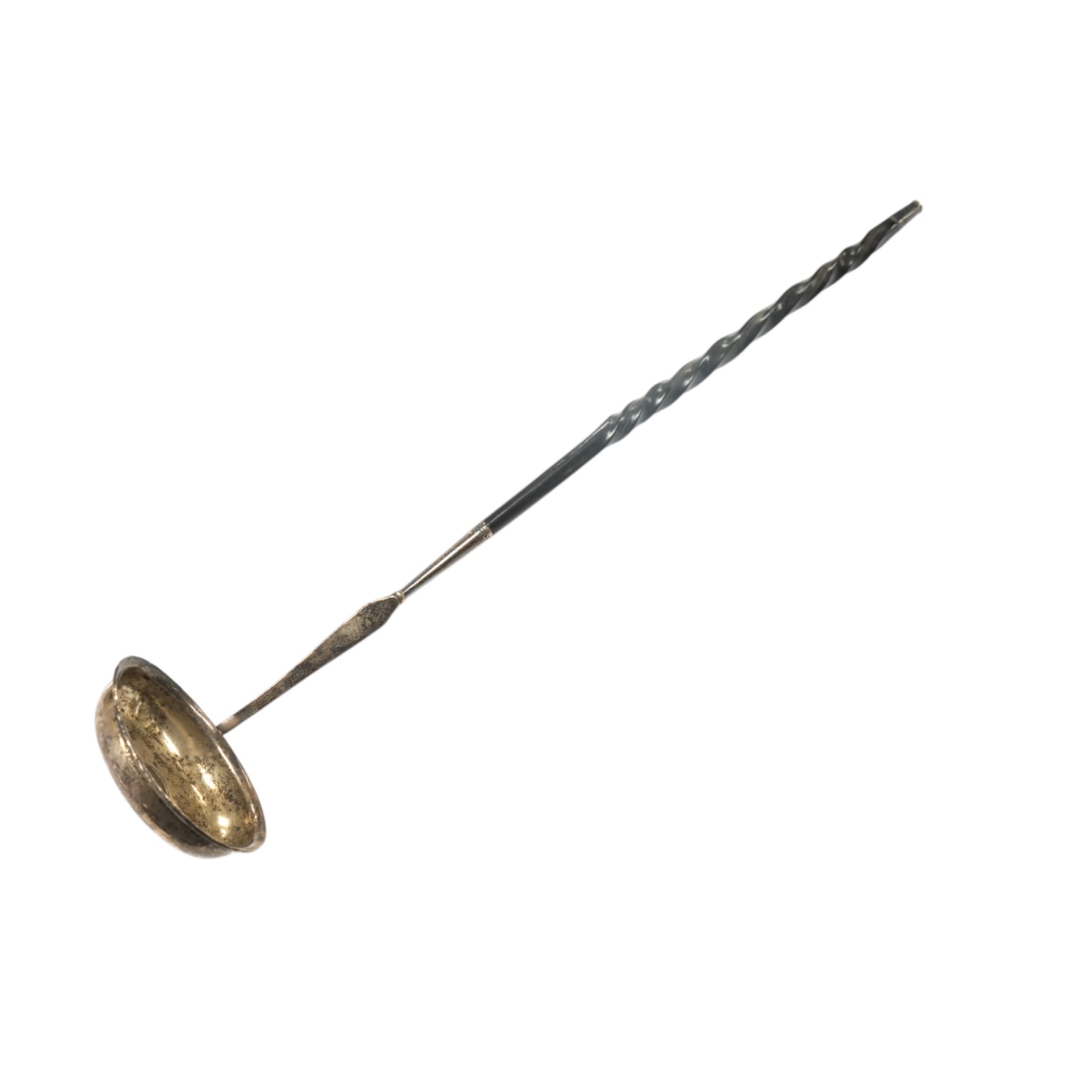 A George III white metal toddy ladle, with baleen handle and inset coin bowl, 38.5cm, unmarked. Condition - poor to fair